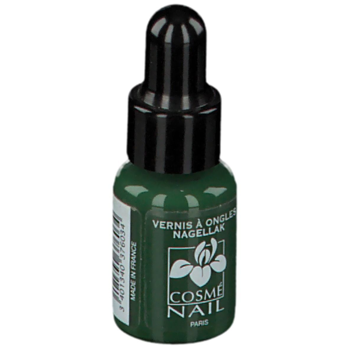 Groene nagellakfles met zwarte dop. Opschrift: Cosménail Paris. Made in France. Barcode.