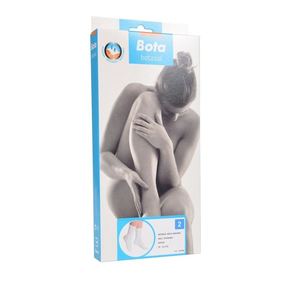 Verpakking met productafbeelding. Merk Bota. Angora sokken, maat 2, 39-42. Vrouw zit op de verpakking.