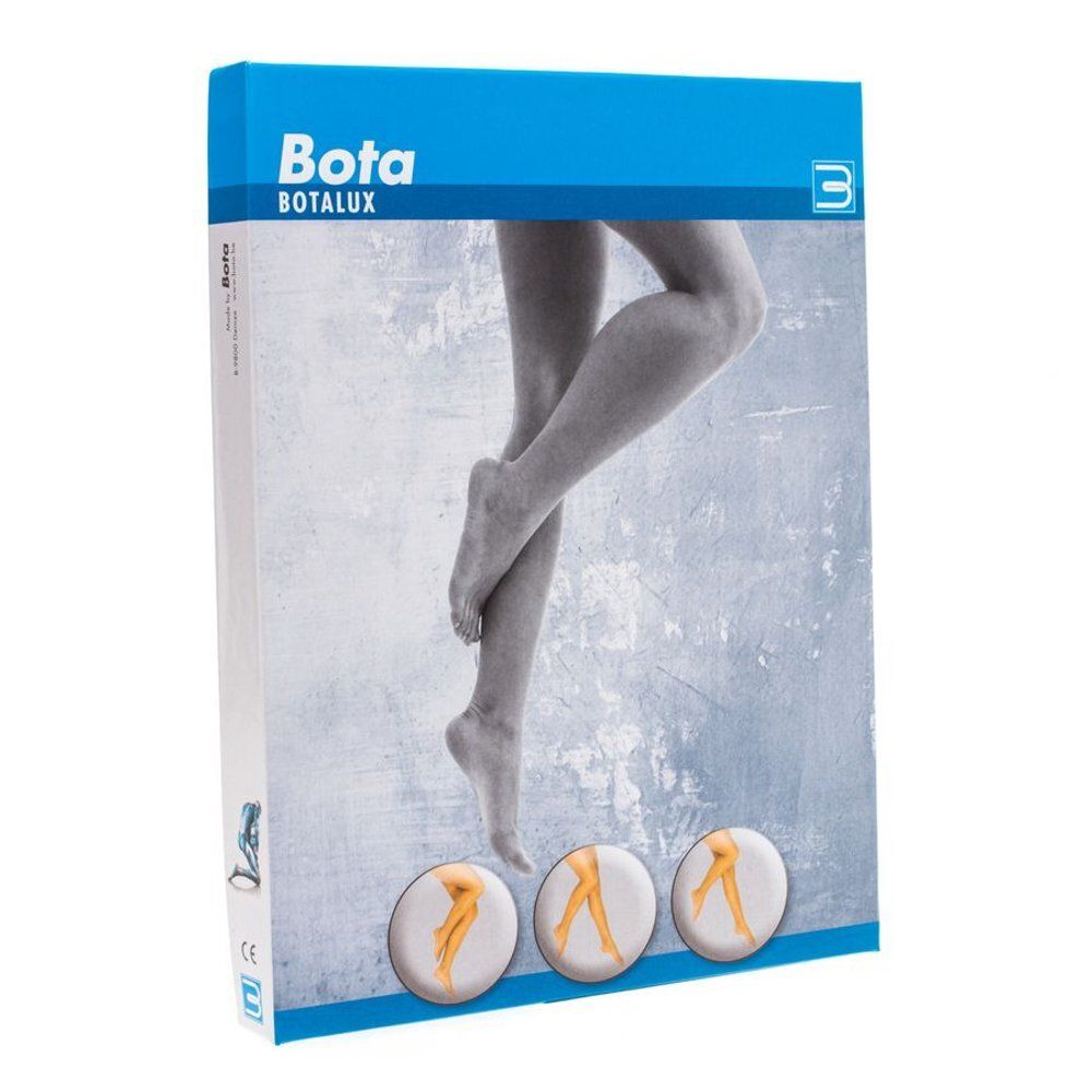 Verpakking met Botalux-product. Merk en productnaam zichtbaar. Afbeelding van benen met kousen.