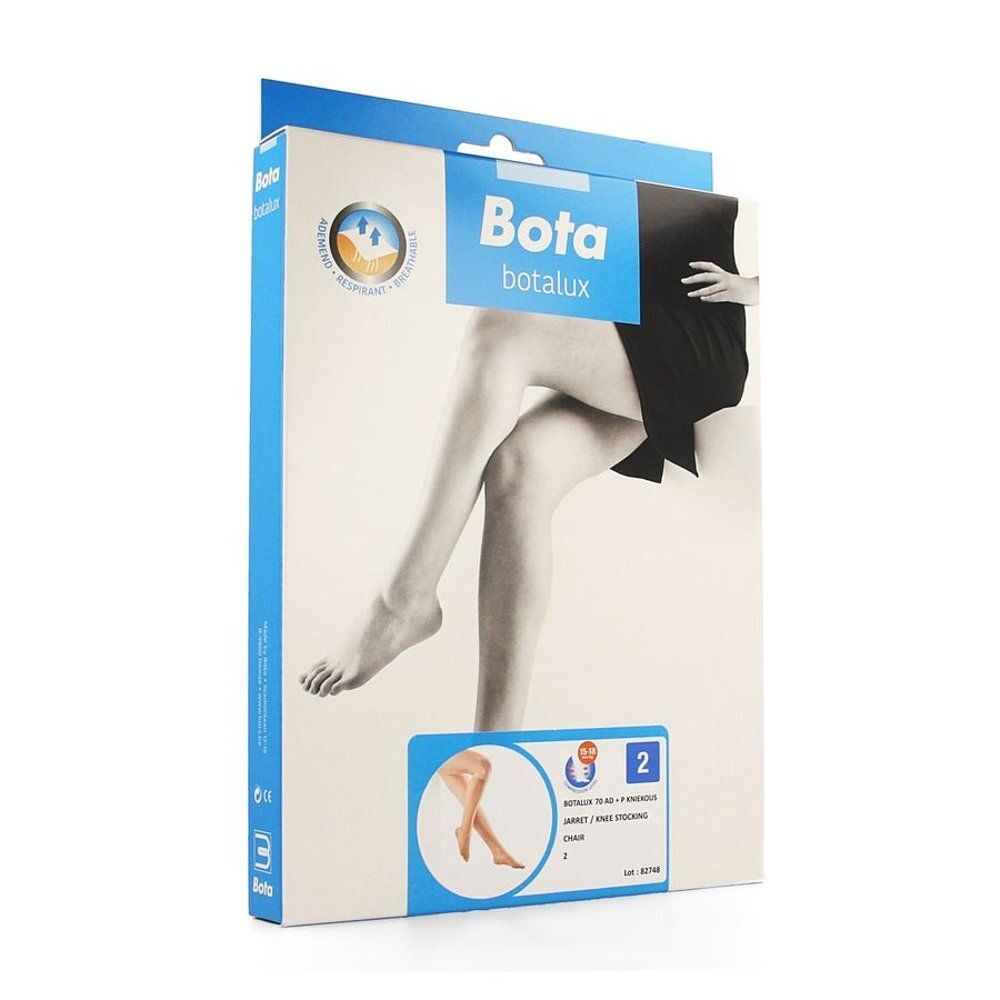 Verpakking met Botalux-product. Merk en productnaam zichtbaar. Afbeelding van benen met kousen.