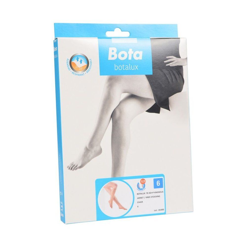 Verpakking van Botalux 70 kniekousen. Opschrift: Bota, botlux, maat 6. Afbeelding: been met kous.