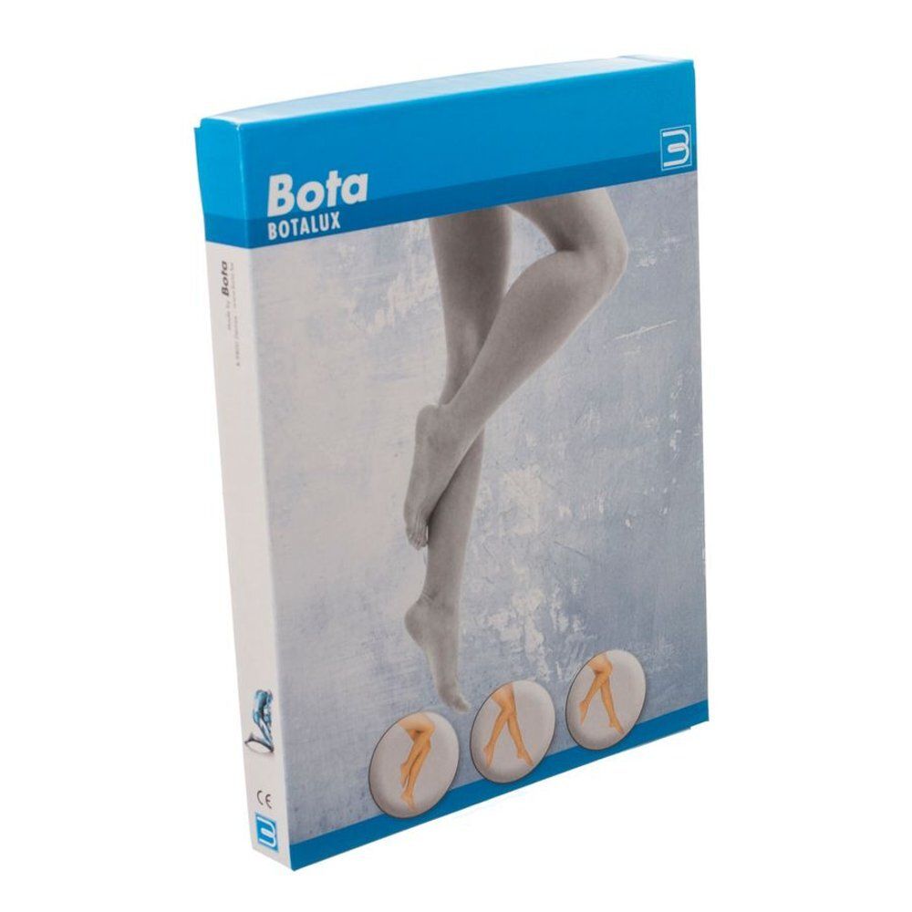 Emballage de bas genou Botalux. Inscription : Bota Botalux. Illustration de jambes. Trois cercles avec illustrations de jambes.