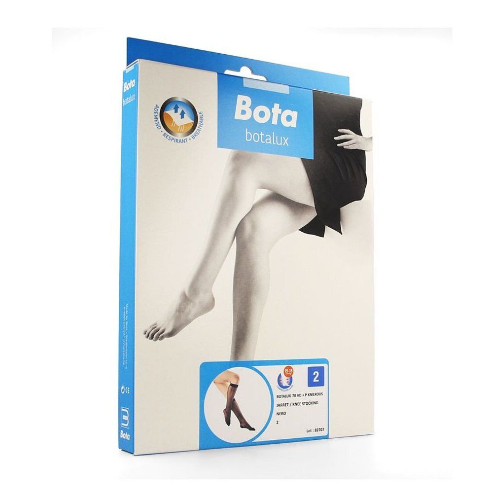 Verpakking met Botalux kniekousen. Opschrift: Bota Botalux. Productaanduiding en maat. Schuine weergave.