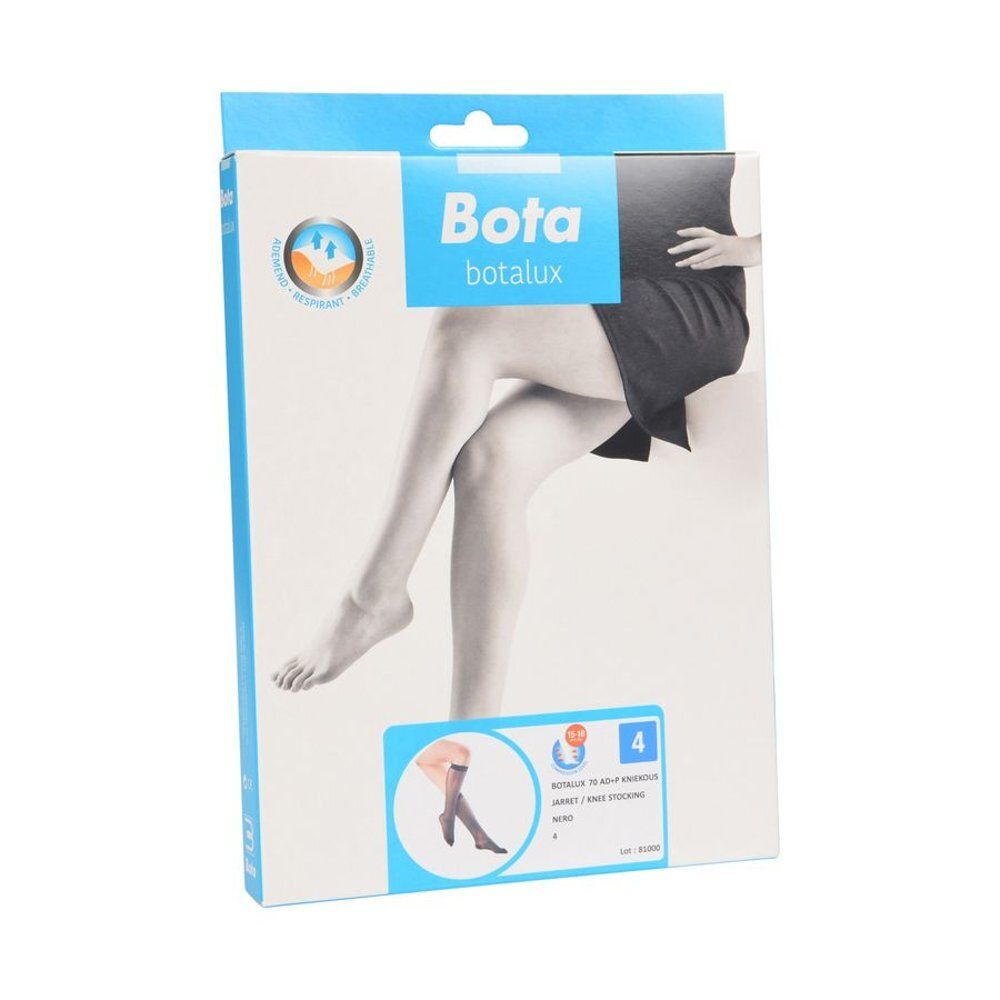 Verpakking van Botalux 70 Short Sock AD Nero N4. Bedrukking: merk, productafbeelding, maatindicatie. Benen met kousen afgebeeld.