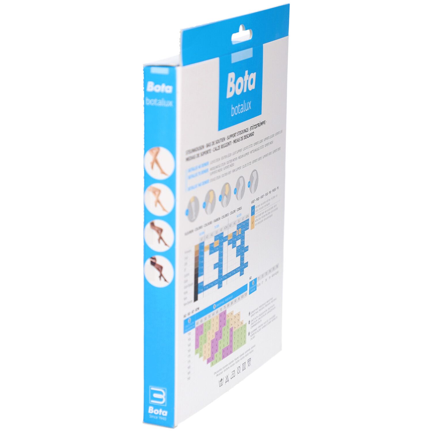 Vue latérale de la boîte Botalux 140 Panty de Contention AT+P. Tableau des tailles et informations produit.