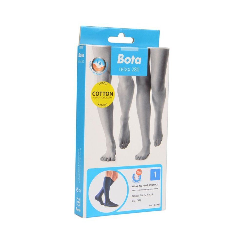 Verpakking Bota relax 280 steunkousen. Katoen, blauw. Maat 1, 37/38. Productafbeelding en beenillustratie.