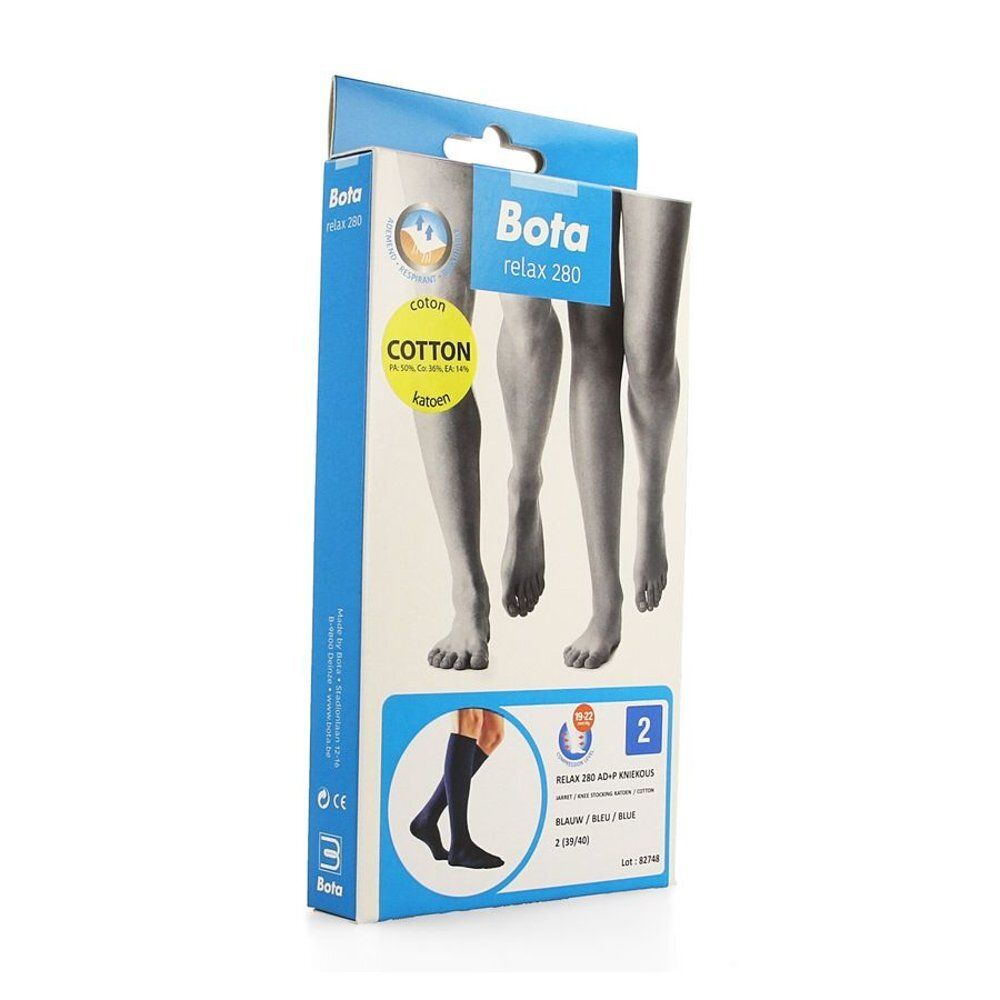 Verpakking Bota relax 280. Blauwe kniekousen. Maat 2. Katoen.