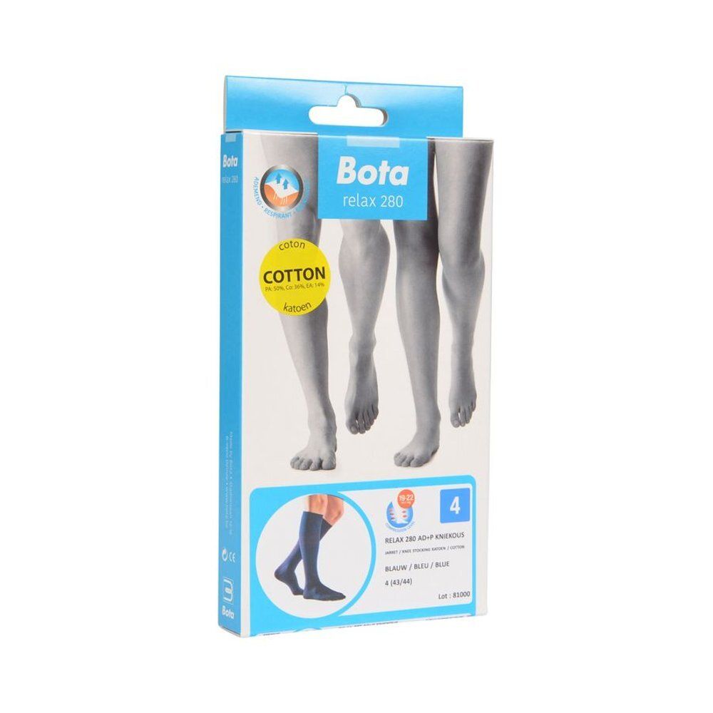 Verpakking Bota relax 280. Blauwe kniekousen. Katoen logo. Maat 4.