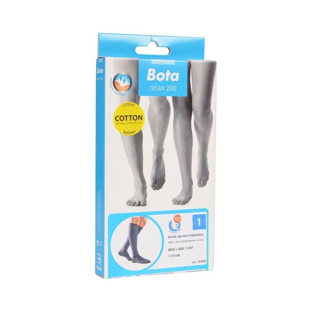 Verpakking Bota Relax 280 Mi-Bas Coton AD+P, grijs. Beeninustraties en productinformatie.