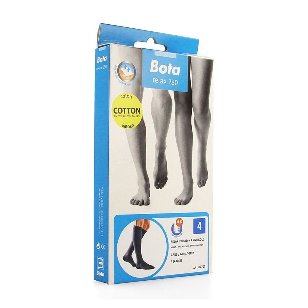 Verpakking Bota Relax 280 Mi-Bas Coton AD +P, grijs, maat 4. Katoen logo. Been illustraties.