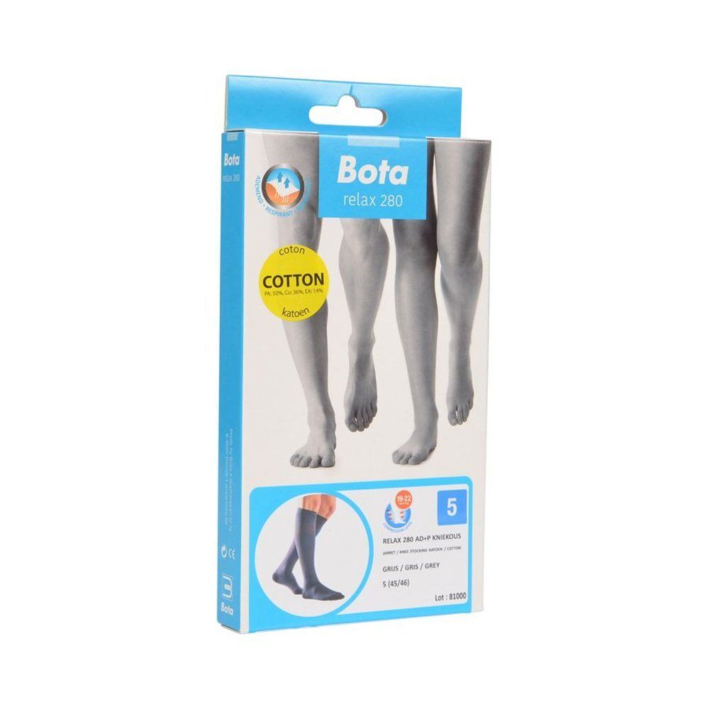 Boîte Bota Relax 280 Mi-Bas Coton AD +P Gris Taille 5. Face avant avec image du produit et illustration de jambes.
