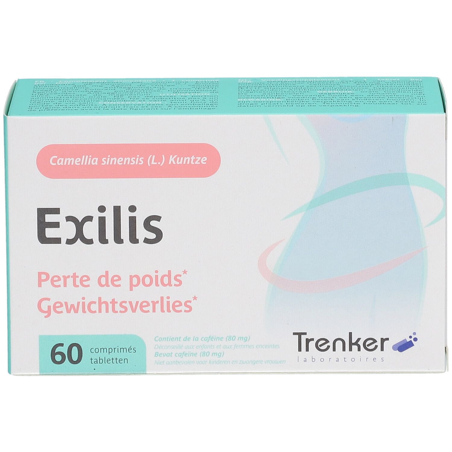 Boîte "Exilis" avec "Poids", "Gewichtsverlies". Contient 60 comprimés. Marque Trenker. Silhouette.