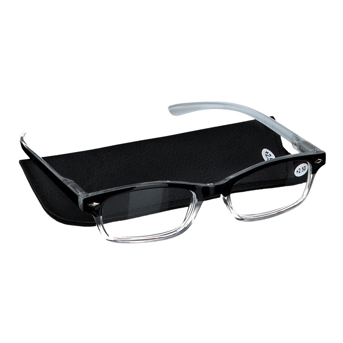 Grijze leesbril +2,5 met zwarte etui. Zwart montuur, grijze veren.