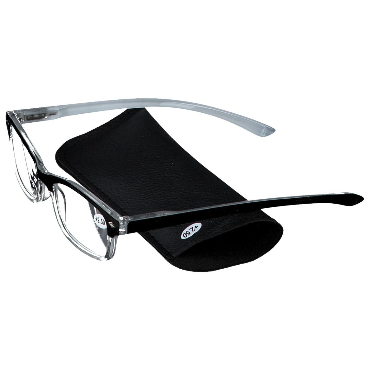 Grijze leesbril +2,5 met zwarte etui. Zwart montuur, grijze veren.