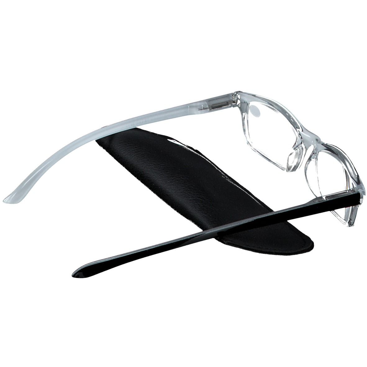 Grijze leesbril +2,5 met zwarte etui. Zwart montuur, grijze veren.