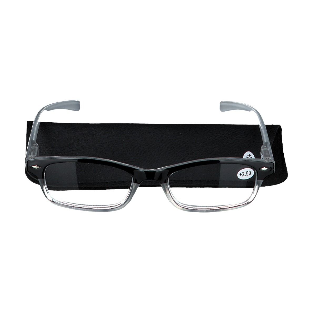Grijze leesbril +2,5 met zwarte etui. Zwart montuur, grijze veren.