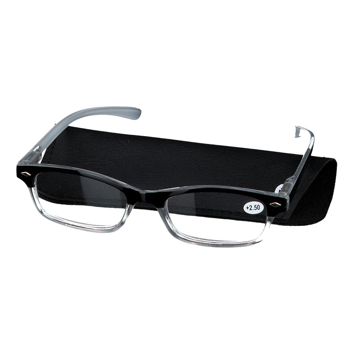 Grijze leesbril +2,5 met zwarte etui. Zwart montuur, grijze veren.