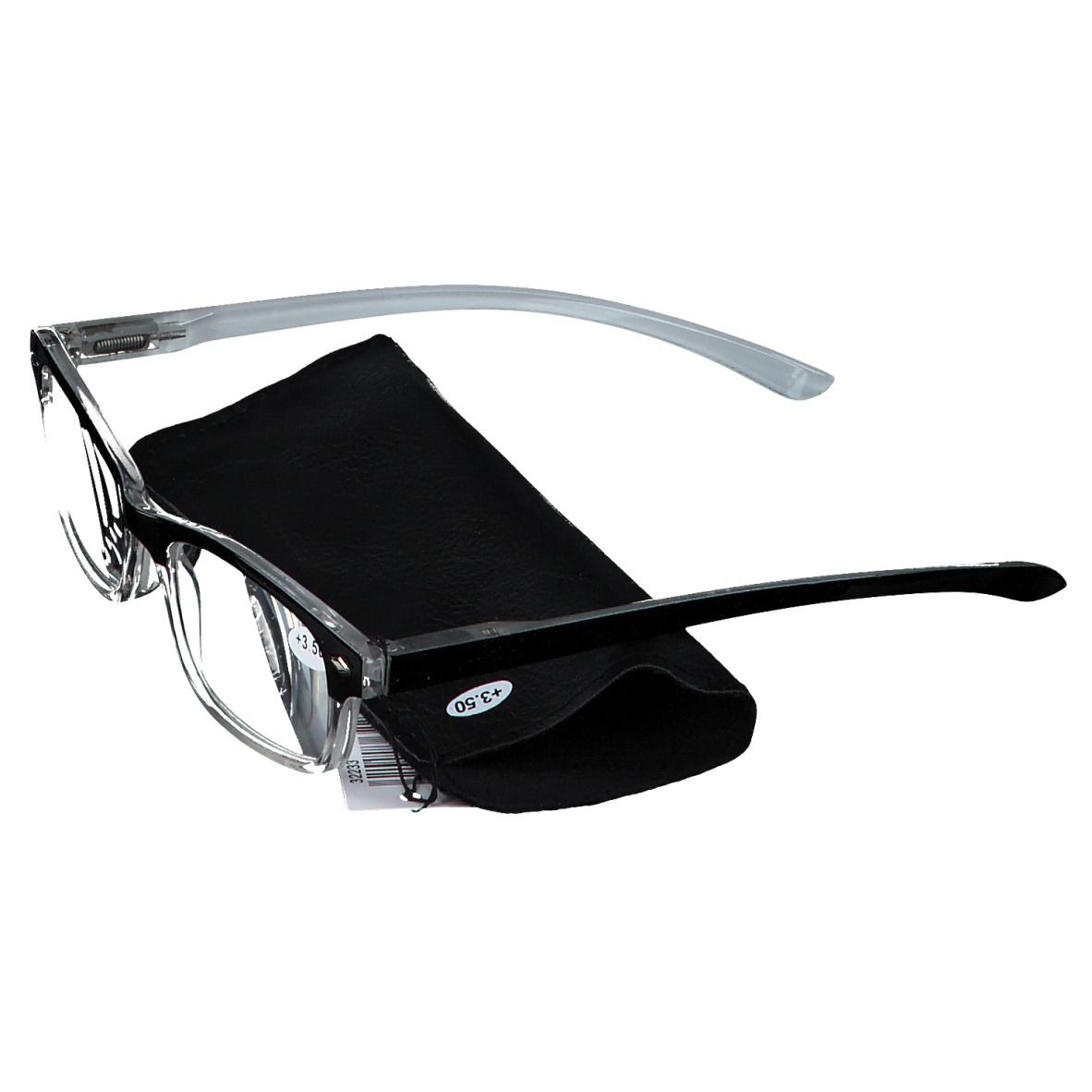 Grijze leesbril met zwart montuur en etui. Label toont +3,50.