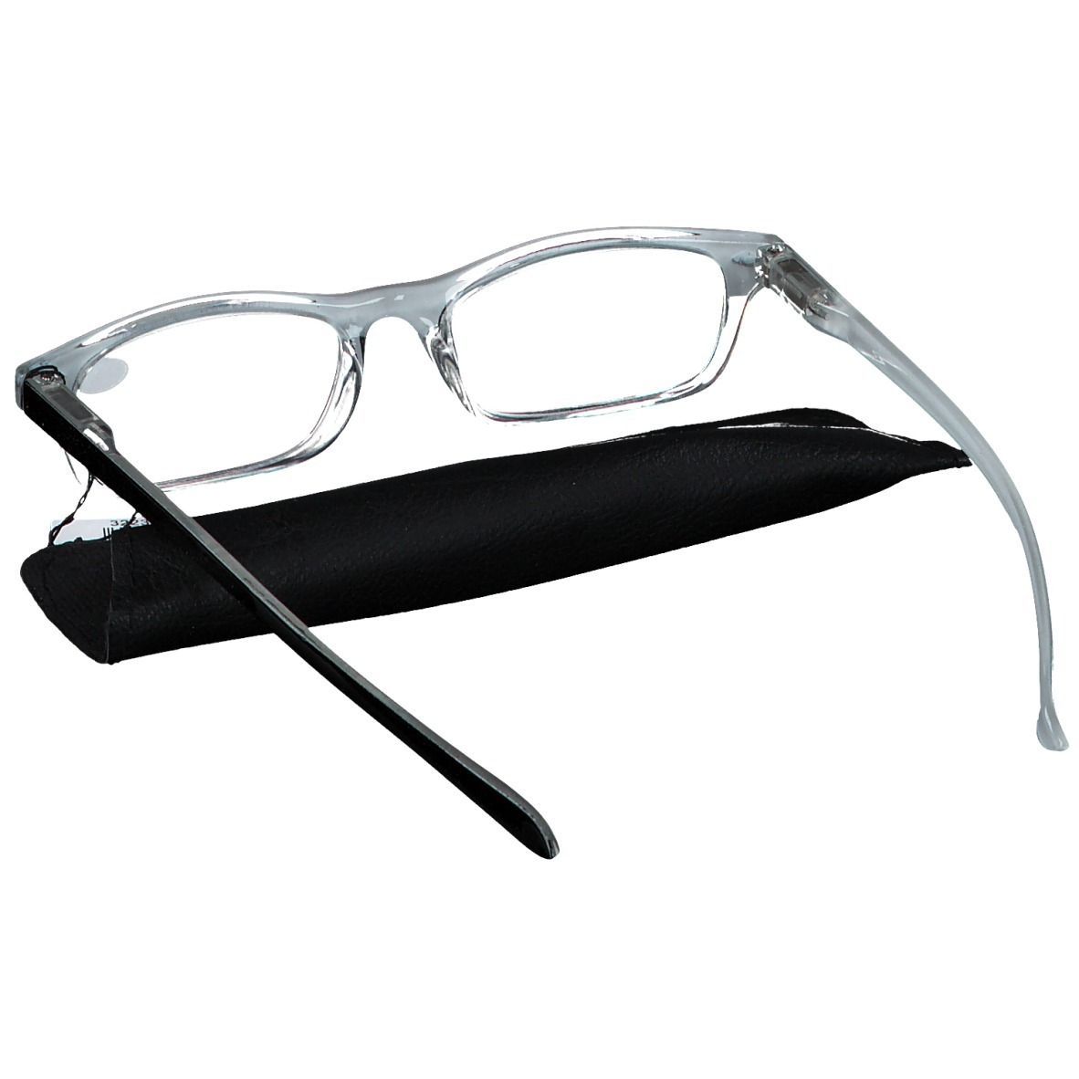 Grijze leesbril met zwart montuur en etui. Label toont +3,50.