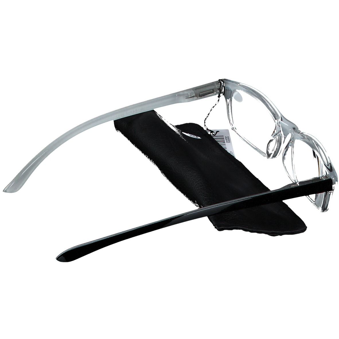 Grijze leesbril met zwart montuur en etui. Label toont +3,50.