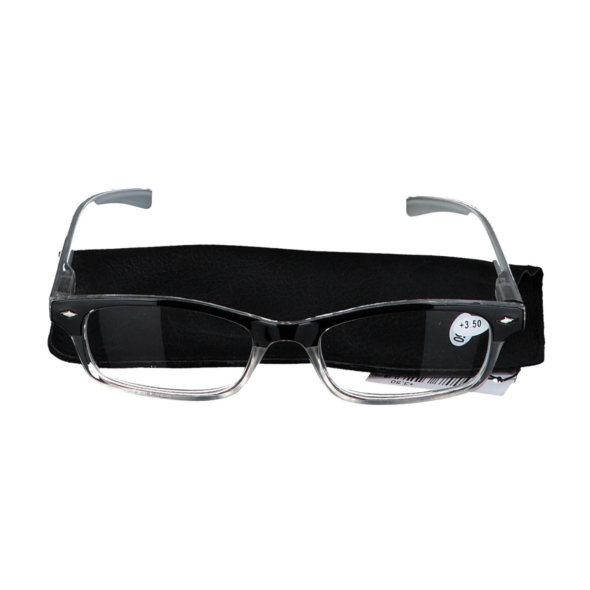 Grijze leesbril met zwart montuur en etui. Label toont +3,50.