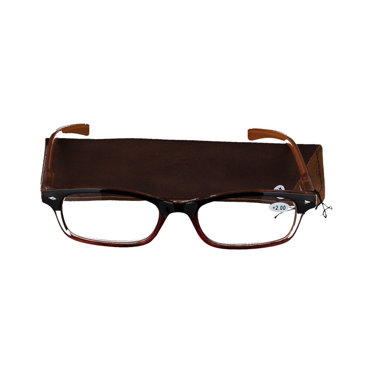 Bril met bruin montuur en etui. +2 staat op het glas. De bril ligt op de etui.