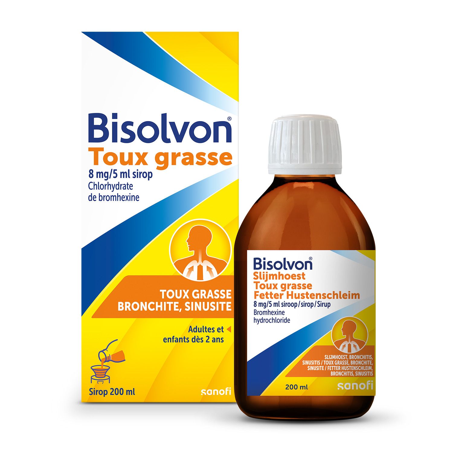 Bruine fles en doos met productnaam en ingrediënten. Opschrift: Bisolvon Toux grasse.