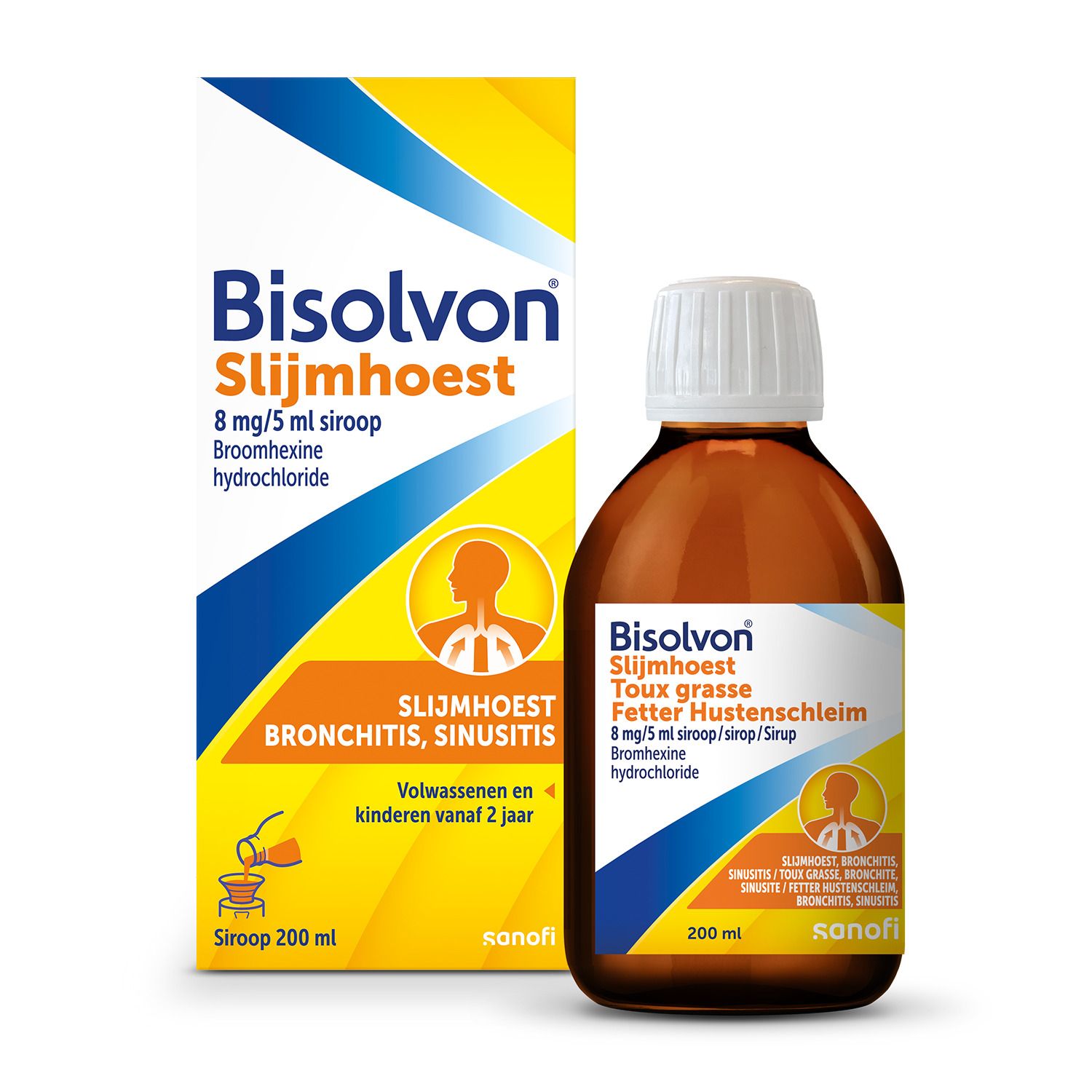 Bruine fles en doos met productnaam en ingrediënten. Opschrift: Bisolvon Slijmhoest.
