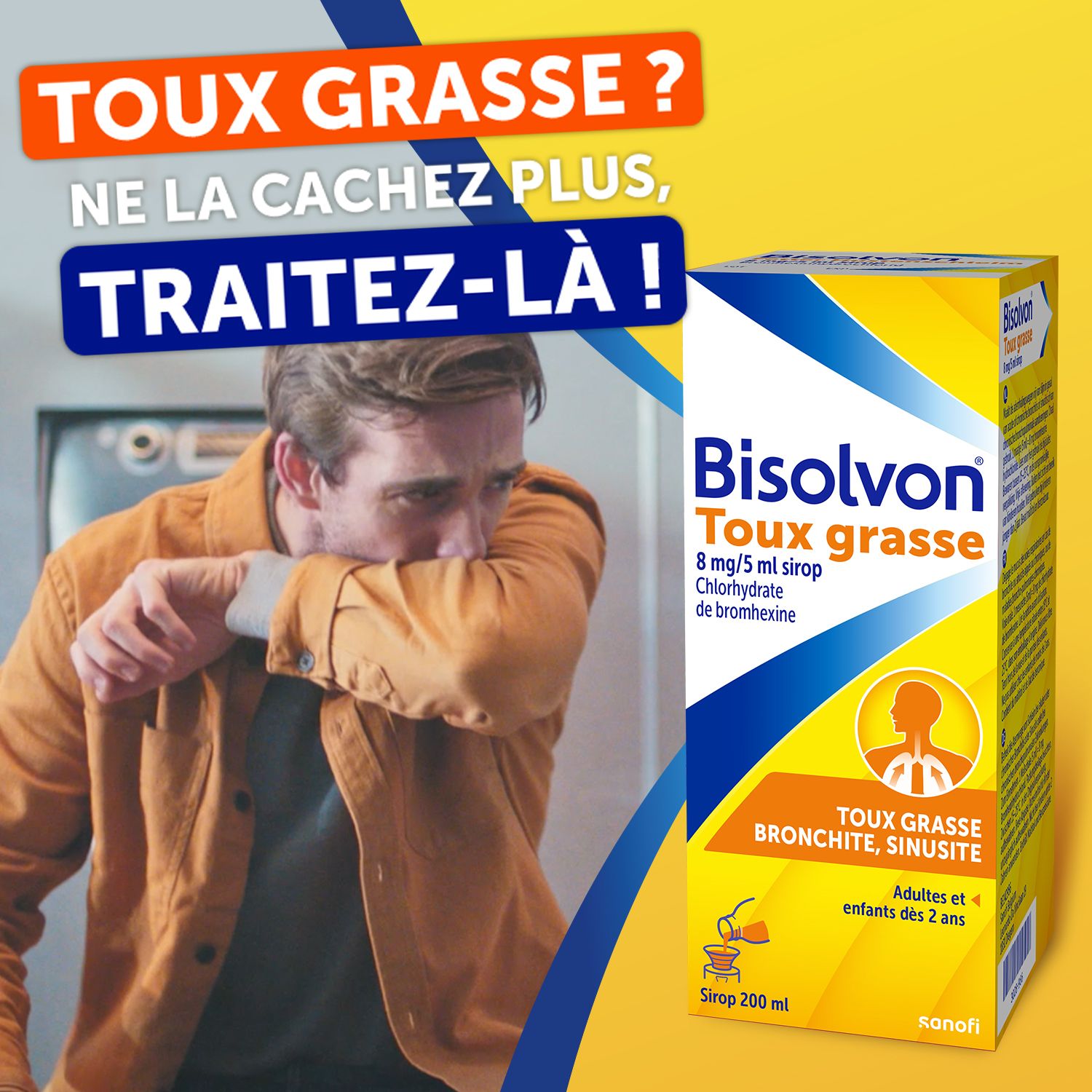 Gele doos met productnaam en ingrediënten. Opschrift: Bisolvon Toux grasse. Sirop pour la toux.