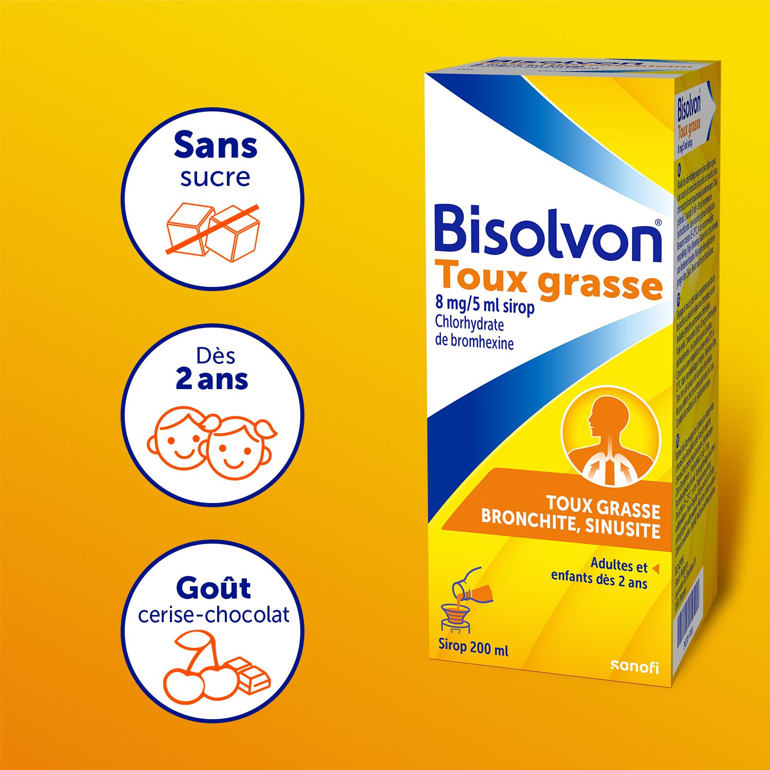 Boîte Bisolvon sirop. Boîte avec informations produit. Bisolvon sirop.