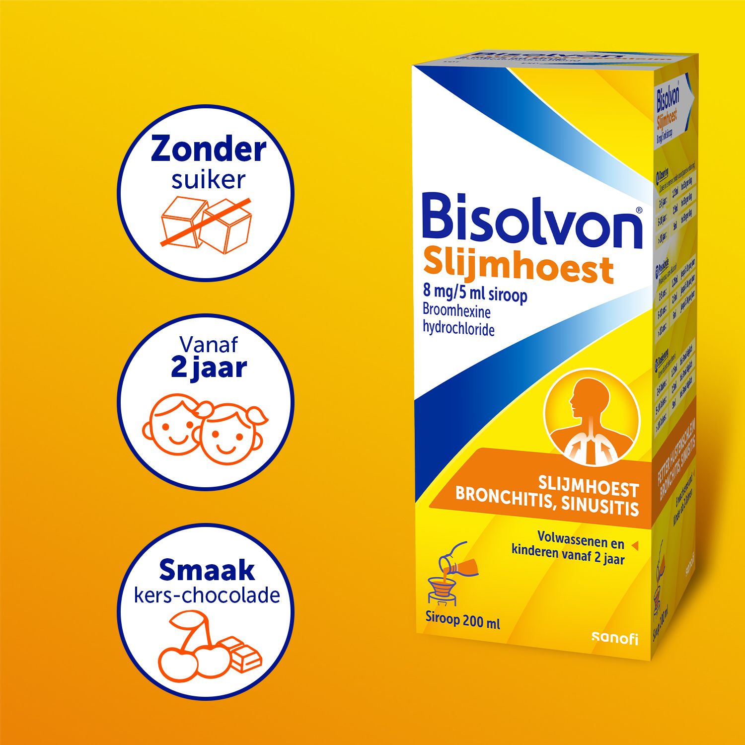 Bruine fles met witte dop. Opschrift: Bisolvon Slijmhoest. 200 ml. Sirop.