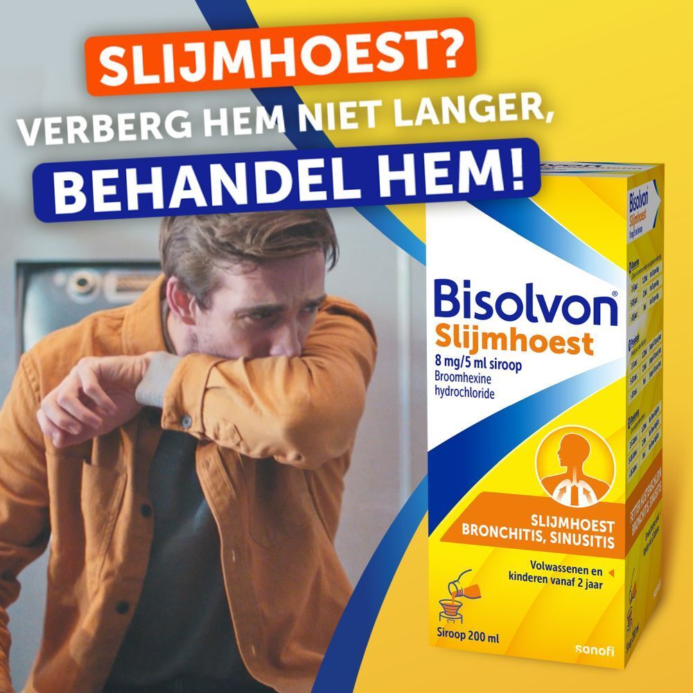 Bruine fles met witte dop. Opschrift: Bisolvon Slijmhoest. 200 ml. Sirop.