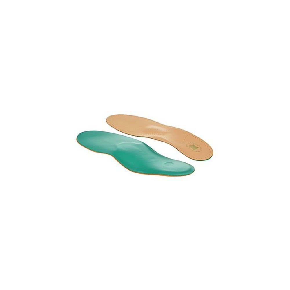 Twee inlegzolen. Een groene, anatomisch gevormde zool en een bruine leren zool. Beide hebben gaten.