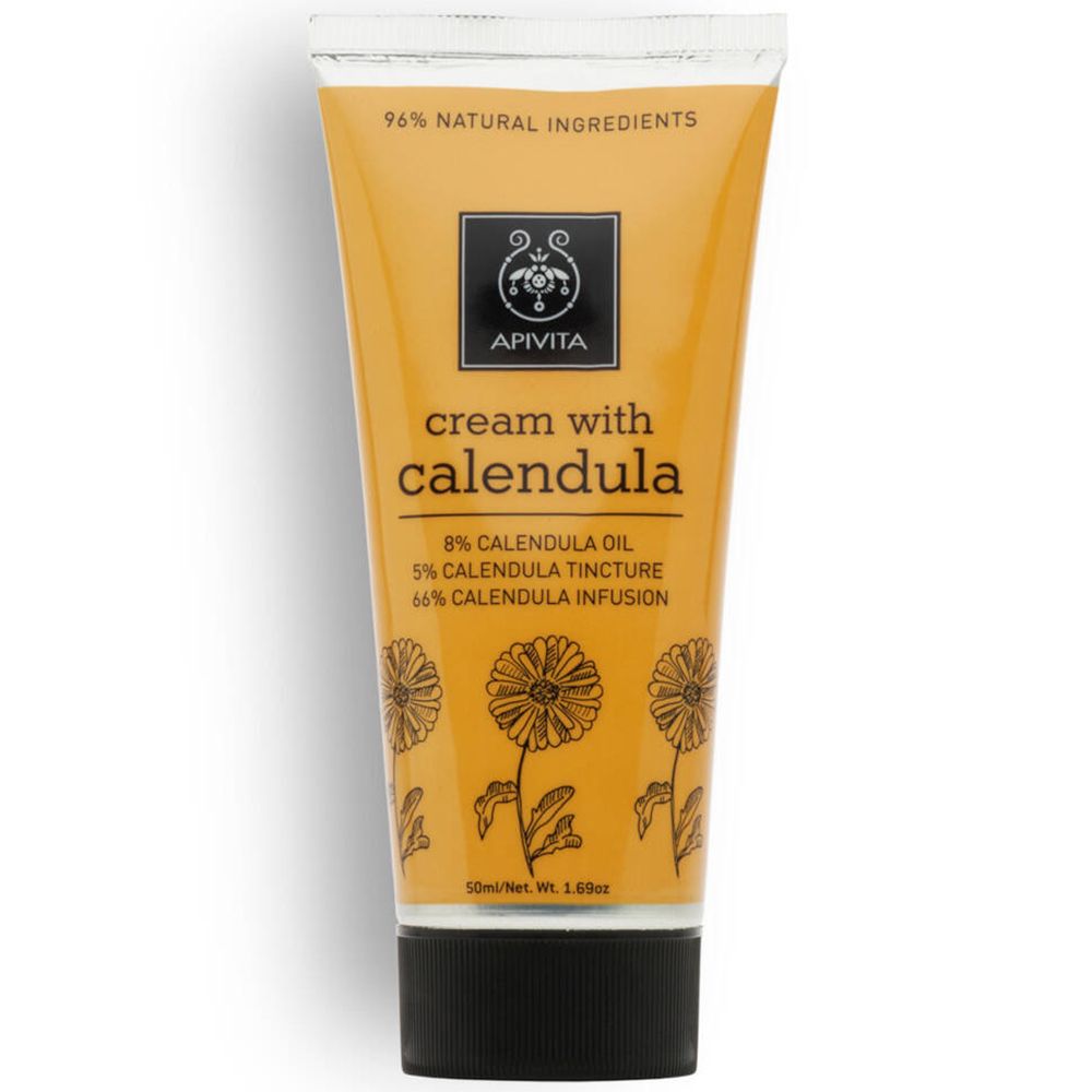 Crèmetube met 'cream with calendula'. Bevat 8% calendula-olie, 5% calendula-tinctuur en 66% calendula-infusie.