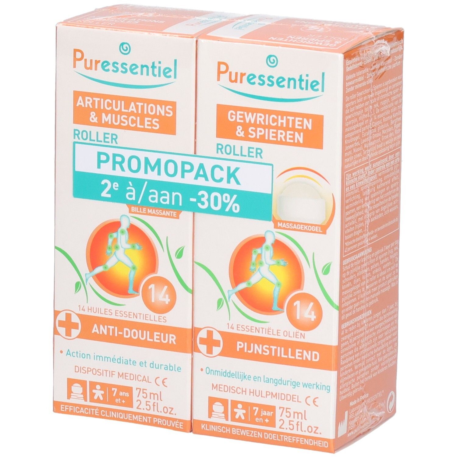 Puressentiel Promopack: 2 Roll-ons Gewrichten & Spieren, 14 essentiële oliën, 75ml.