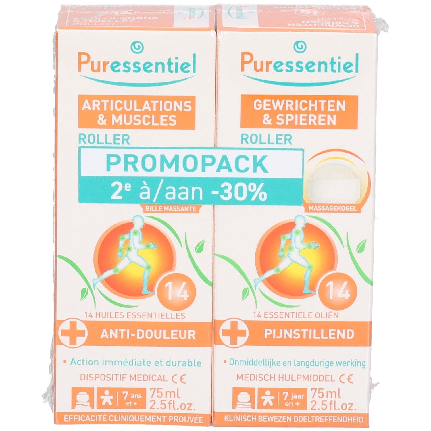 Puressentiel Promopack: 2 Roll-ons Gewrichten & Spieren, 14 essentiële oliën, 75ml.