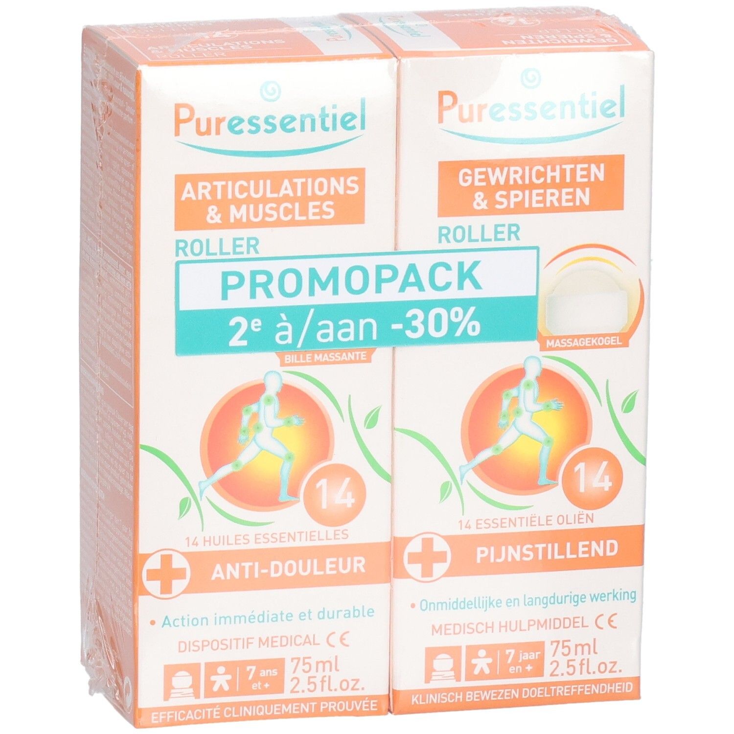 Puressentiel Promopack: 2 Roll-ons Gewrichten & Spieren, 14 essentiële oliën, 75ml.