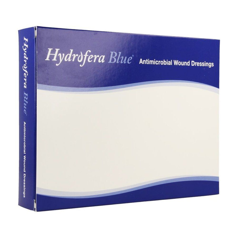 Boîte Hydrofera Blue. Bleu et blanc. Inscription: Pansements antimicrobiens pour plaies.