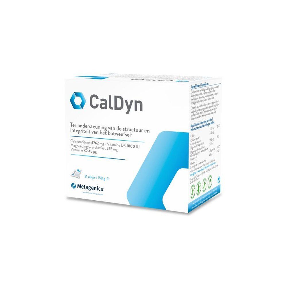 Kartonnen doos met de tekst "CalDyn". Bevat informatie over ingrediënten en het merk Metagenics. Blauwe en witte kleuren.