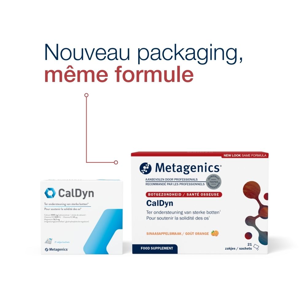 Comparaison de deux emballages CalDyn. À gauche : petite boîte. À droite : boîte plus grande avec texte et logo.