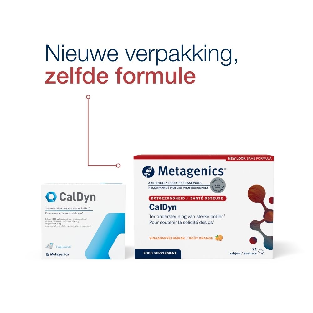 Vergelijking van twee CalDyn-verpakkingen. Links: kleine doos. Rechts: grotere doos met tekst en logo.