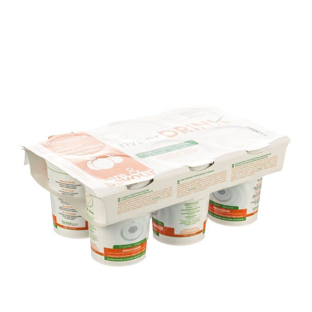 Emballage de six gobelets. Inscription "Hyperdrink" et "Apricot". Gobelets avec fond blanc, bande orange et texte.