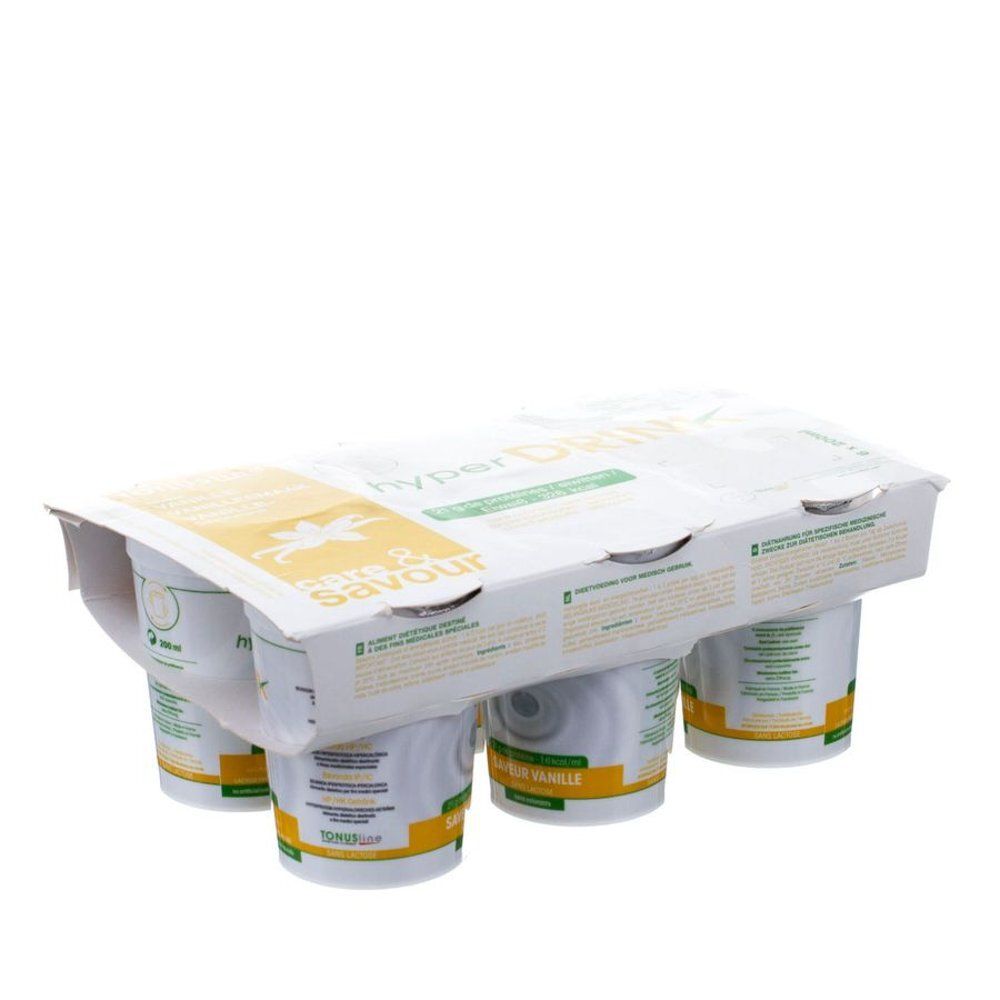 Verpakking van zes bekers. Opschrift "hyperDRINK" en "Cream & Savour". Bekers met gele en witte etiketten. Vanillesmaak.