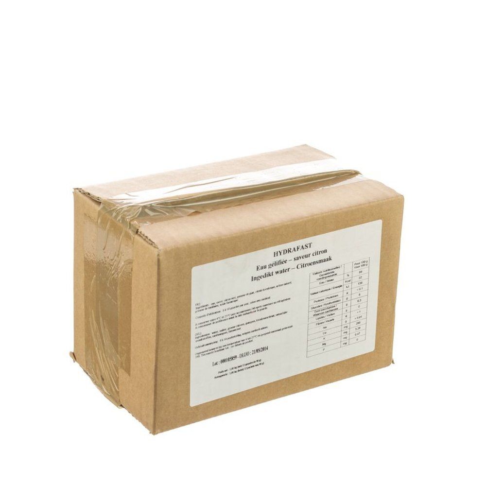 Emballage en carton avec inscription HYDRAFAST. Étiquette avec informations produit. Scellé avec du ruban adhésif transparent.