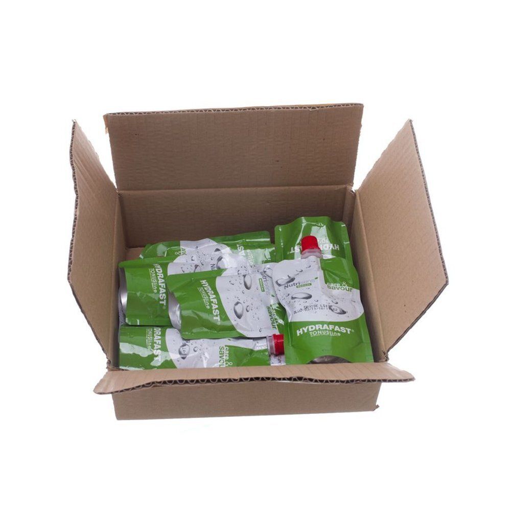 Boîte en carton ouverte contenant plusieurs sachets. Inscription "HYDRAFAST" sur les sachets. Sachets verts avec bouchon rouge.
