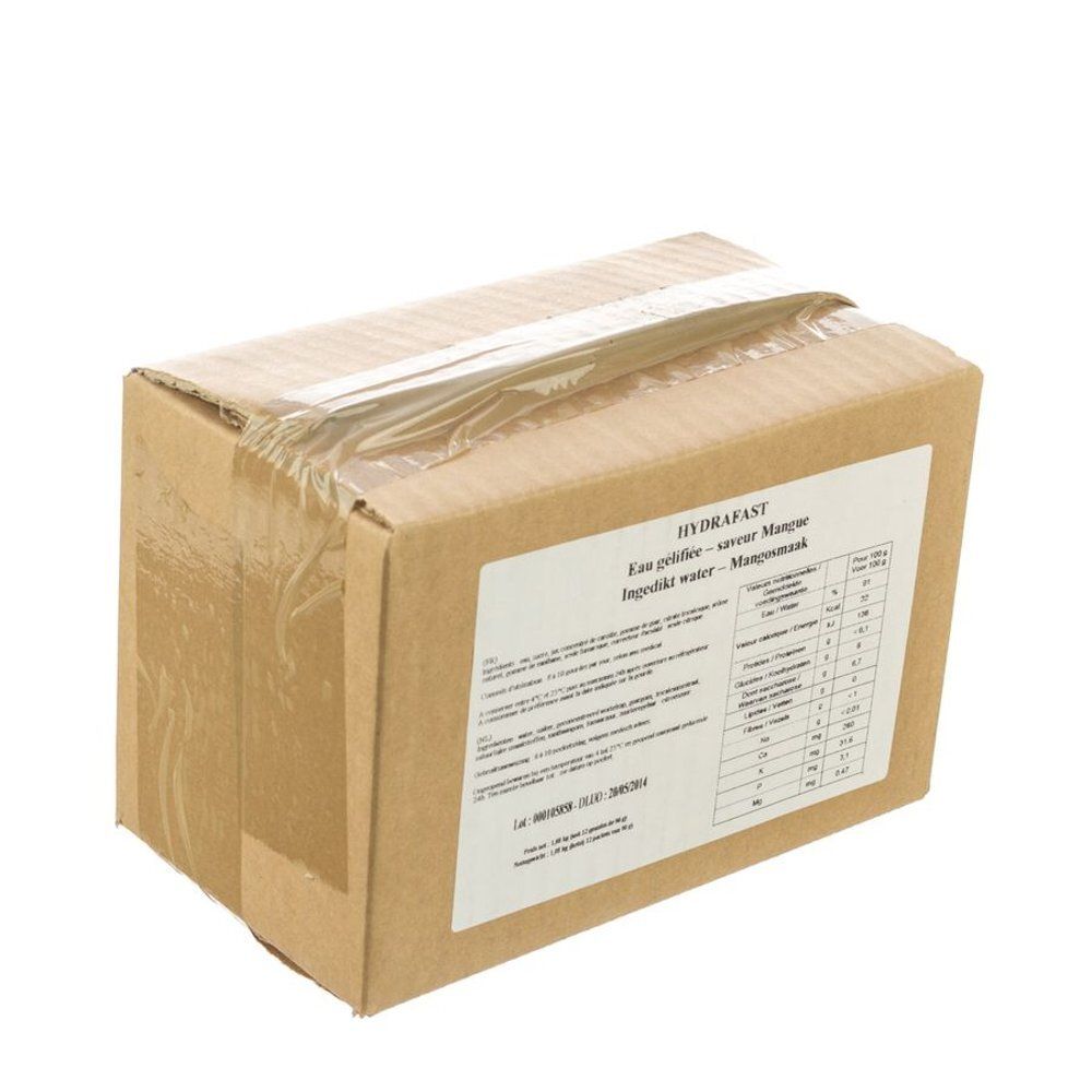 Boîte en carton marron avec inscription HYDRAFAST. Étiquette avec informations produit et valeurs nutritionnelles. Emballé dans du film.