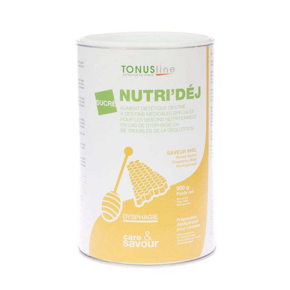 Cilindervormige doos met product. Opschrift: TONUSline, NUTRI'DÉJ, smaak honing. Gele achtergrond met honingraat illustratie.