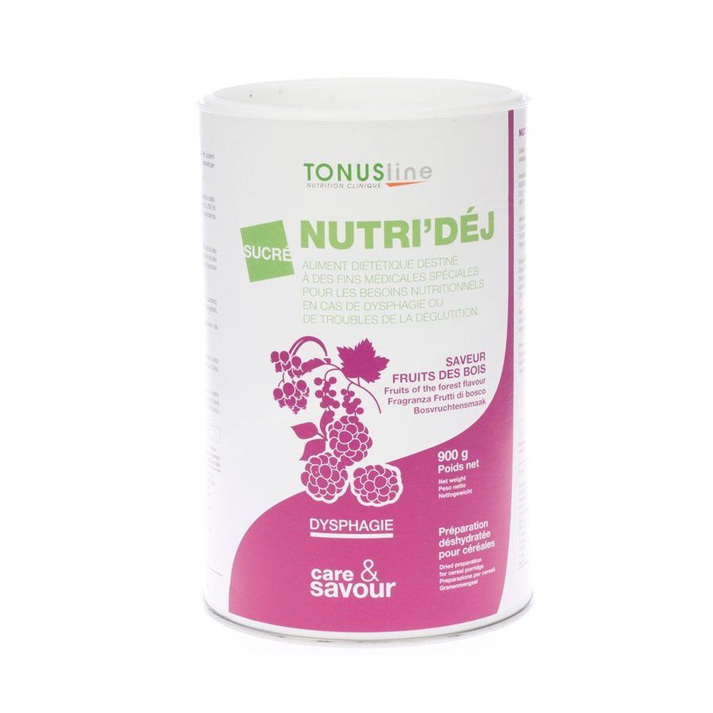 Cilindrische doos met NUTRI'DÉJ, bosvruchtensmaak. Merk TONUSline. Roze en witte verpakking. Bevat 900 g.