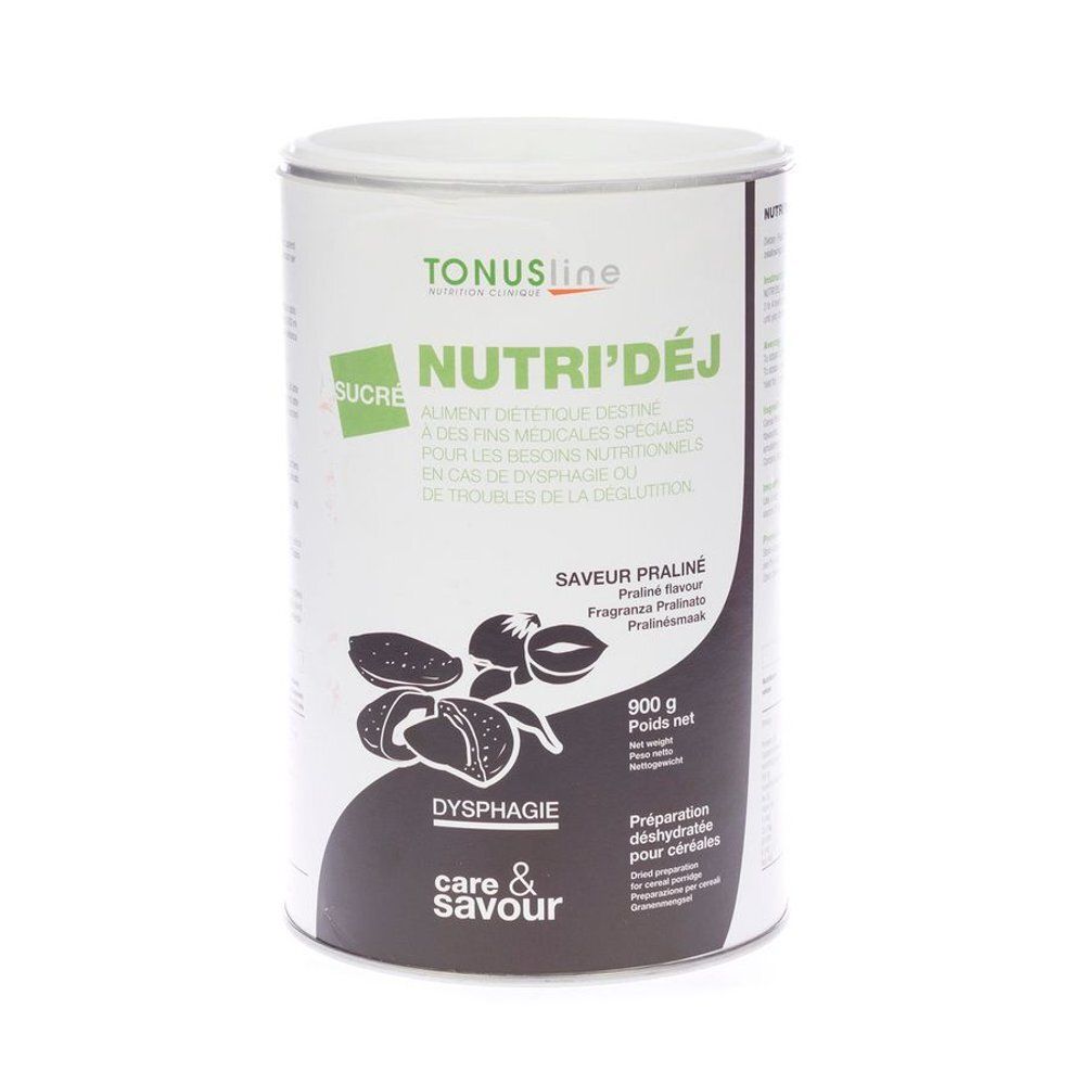 Cilindervormige witte doos. Opschrift: Tonus Line Nutri'Dej, smaak praline. 900 g. Voor dysfagie. Merk Care & Savour.