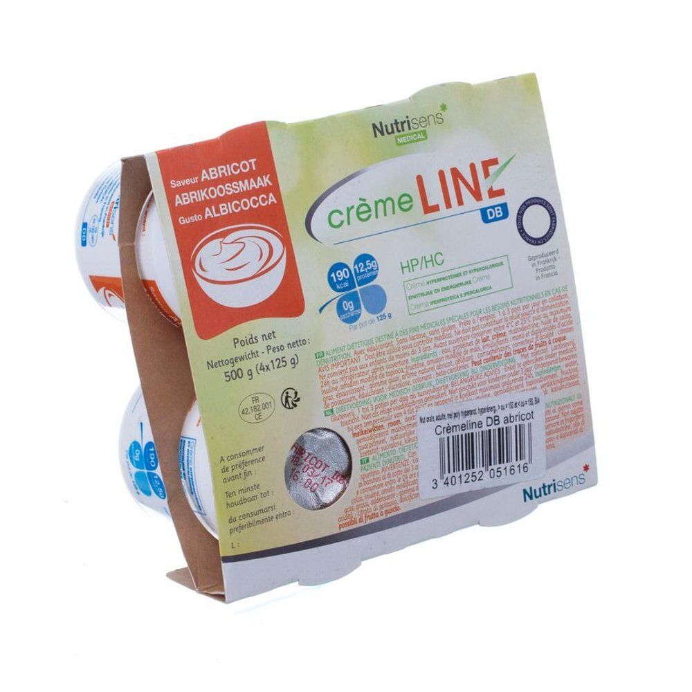 Emballage de Crème Line DB abricot. Six pots dans un emballage carton. Inscriptions: marque, nom du produit, informations nutritionnelles.